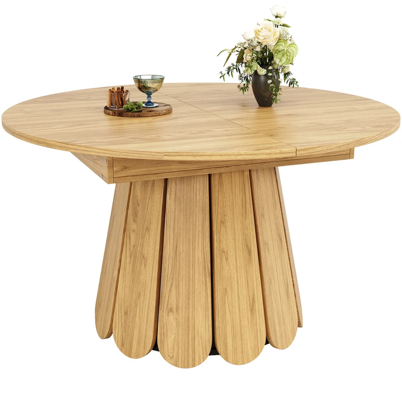 Table de salle à manger extensible ronde effet bois claire piétement tulipe à lattes 118-158 cm VIGOURLA