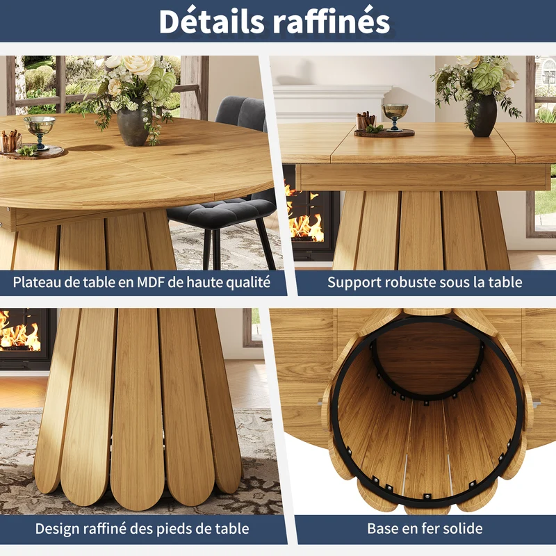 Table de salle à manger extensible ronde effet bois claire piétement tulipe à lattes 118-158 cm VIGOURLA