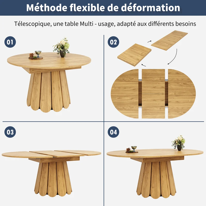 Table de salle à manger extensible ronde effet bois claire piétement tulipe à lattes 118-158 cm VIGOURLA