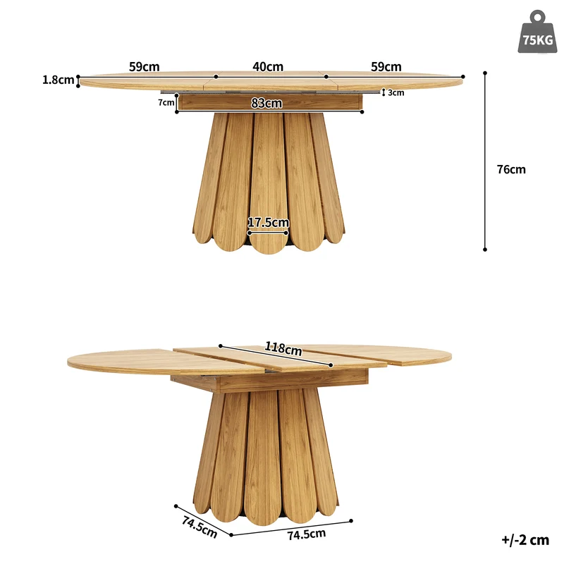 Table de salle à manger extensible ronde effet bois claire piétement tulipe à lattes 118-158 cm VIGOURLA
