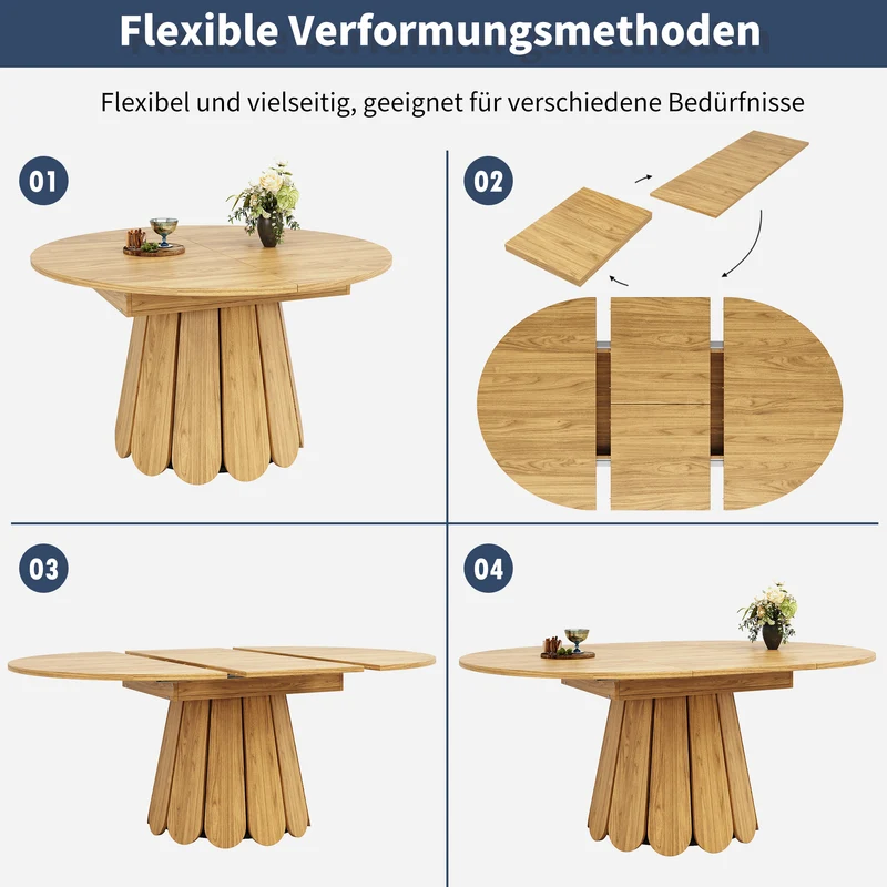 Table de salle à manger extensible ronde effet bois claire piétement tulipe à lattes 118-158 cm VIGOURLA