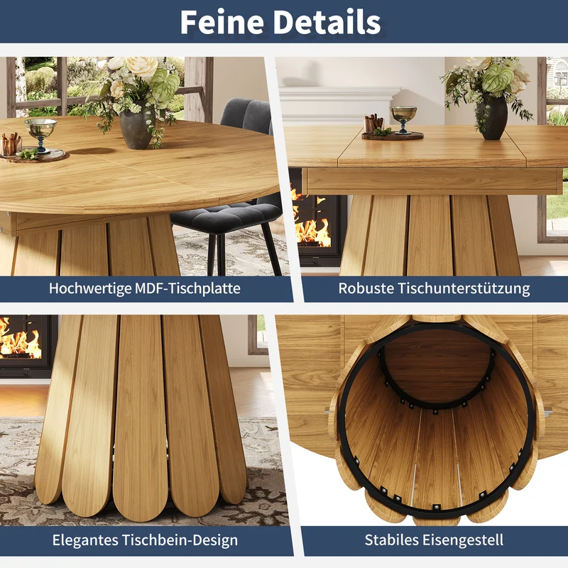 Table de salle à manger extensible ronde effet bois claire piétement tulipe à lattes 118-158 cm VIGOURLA