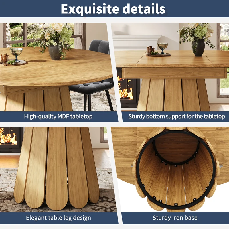 Table de salle à manger extensible ronde effet bois claire piétement tulipe à lattes 118-158 cm VIGOURLA