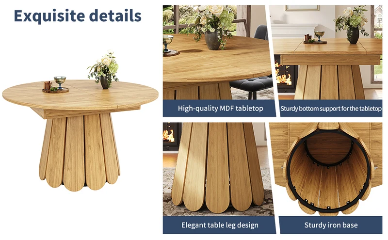 Table de salle à manger extensible ronde effet bois claire piétement tulipe à lattes 118-158 cm VIGOURLA