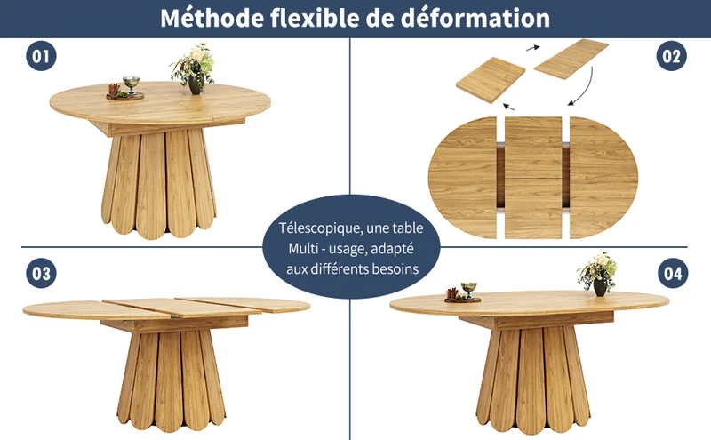 Table de salle à manger extensible ronde effet bois claire piétement tulipe à lattes 118-158 cm VIGOURLA