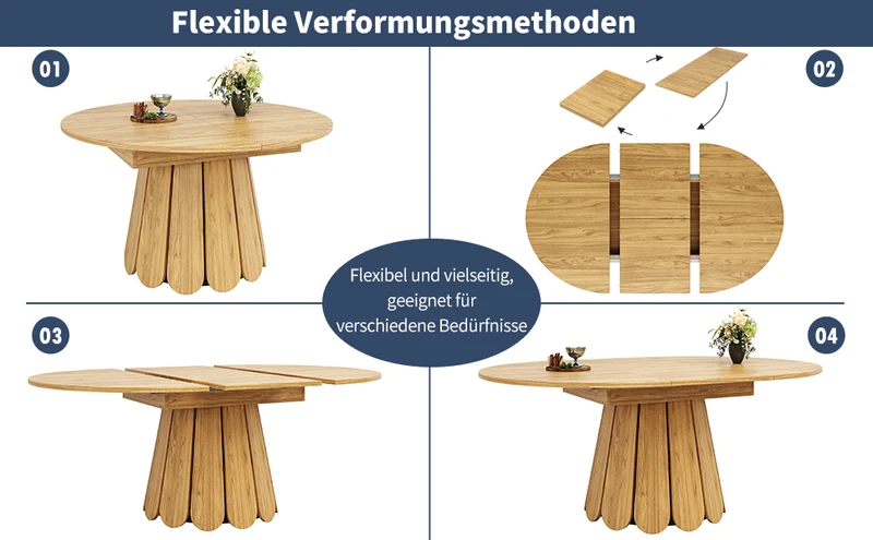 Table de salle à manger extensible ronde effet bois claire piétement tulipe à lattes 118-158 cm VIGOURLA