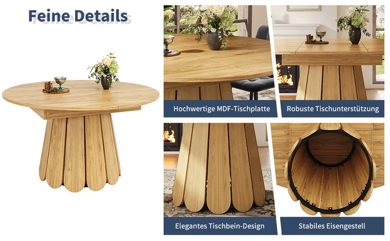 Table de salle à manger extensible ronde effet bois claire piétement tulipe à lattes 118-158 cm VIGOURLA