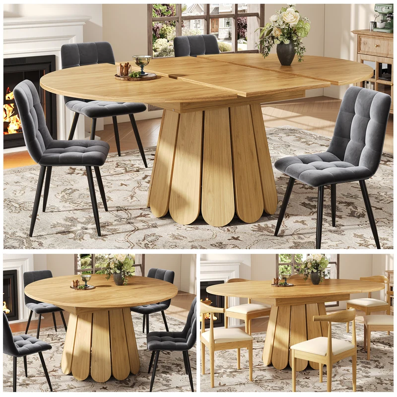 Table de salle à manger extensible ronde effet bois claire piétement tulipe à lattes 118-158 cm VIGOURLA