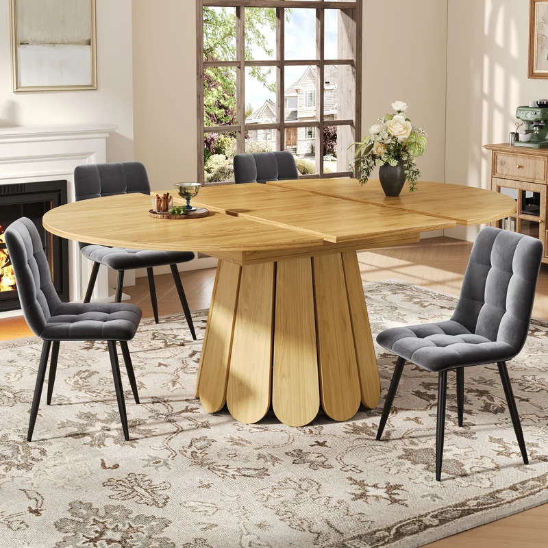 Table de salle à manger extensible ronde effet bois claire piétement tulipe à lattes 118-158 cm VIGOURLA