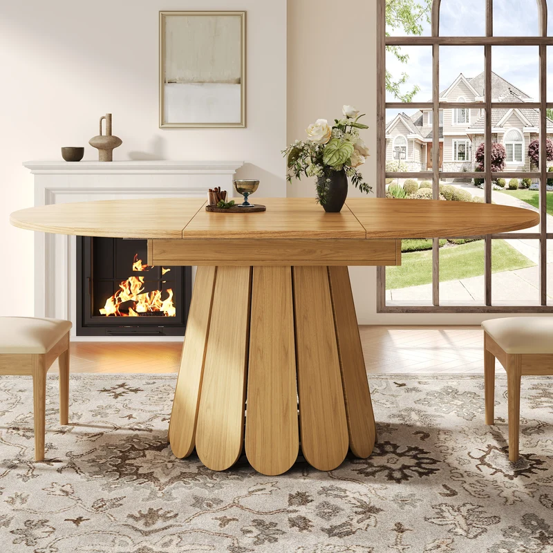 Table de salle à manger extensible ronde effet bois claire piétement tulipe à lattes 118-158 cm VIGOURLA