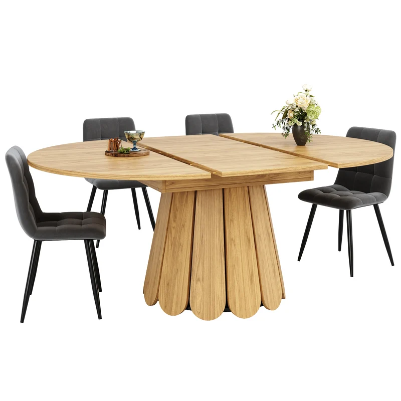 Table de salle à manger extensible ronde effet bois claire piétement tulipe à lattes 118-158 cm VIGOURLA