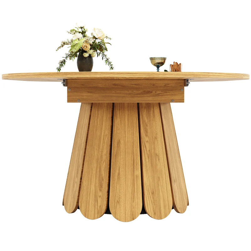Table de salle à manger extensible ronde effet bois claire piétement tulipe à lattes 118-158 cm VIGOURLA