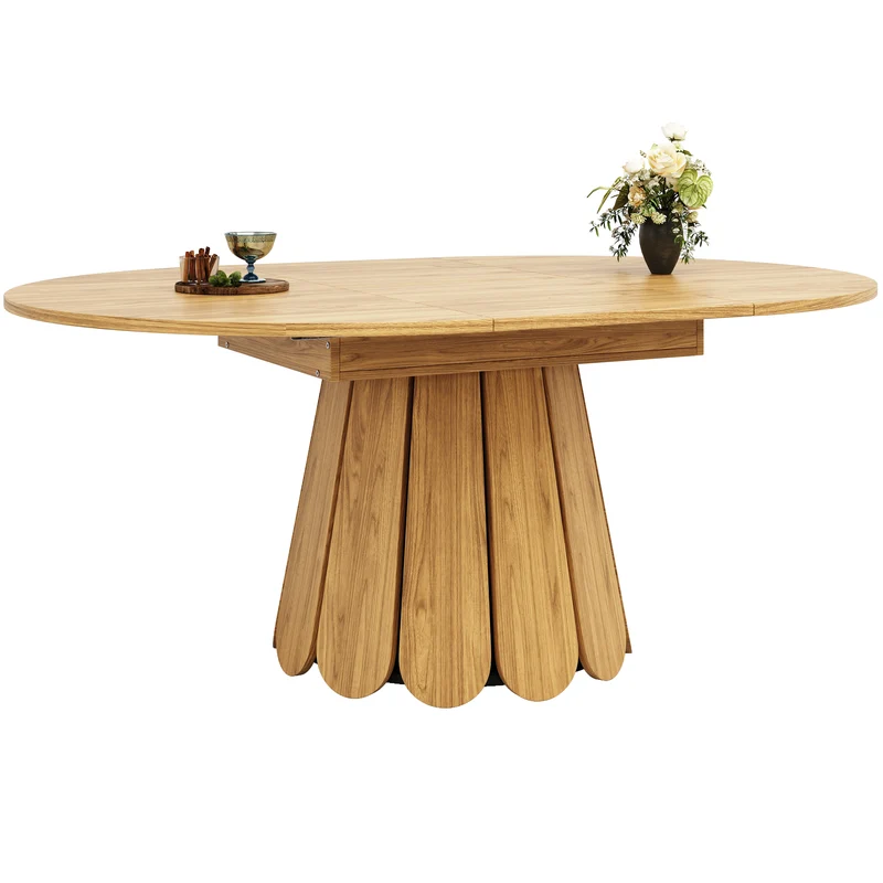 Table de salle à manger extensible ronde effet bois claire piétement tulipe à lattes 118-158 cm VIGOURLA