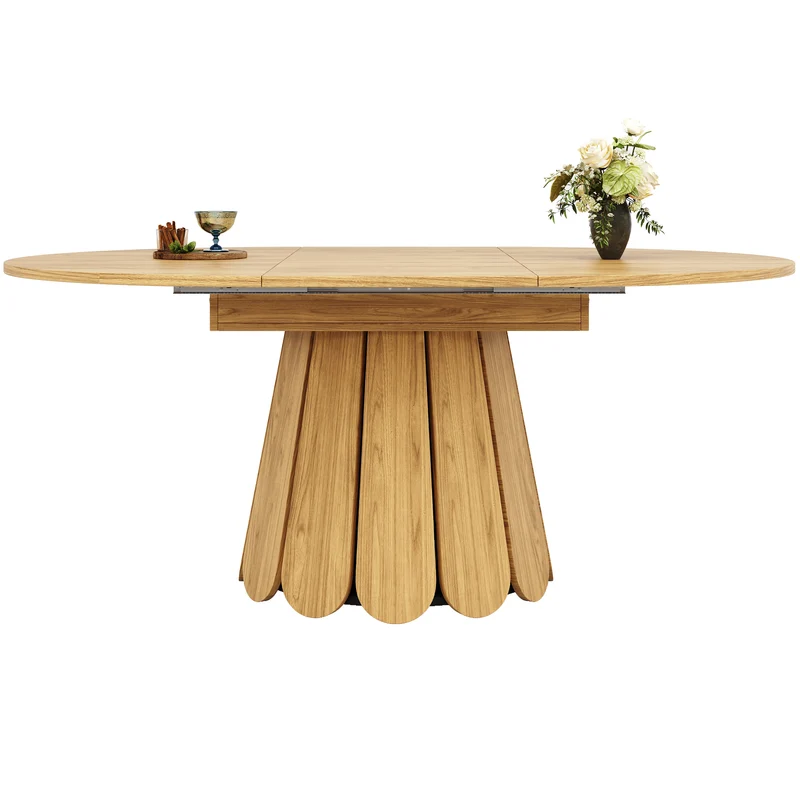 Table de salle à manger extensible ronde effet bois claire piétement tulipe à lattes 118-158 cm VIGOURLA