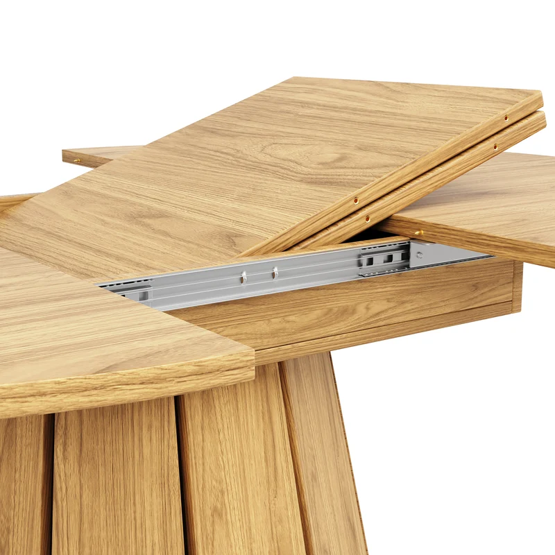 Table de salle à manger extensible ronde effet bois claire piétement tulipe à lattes 118-158 cm VIGOURLA