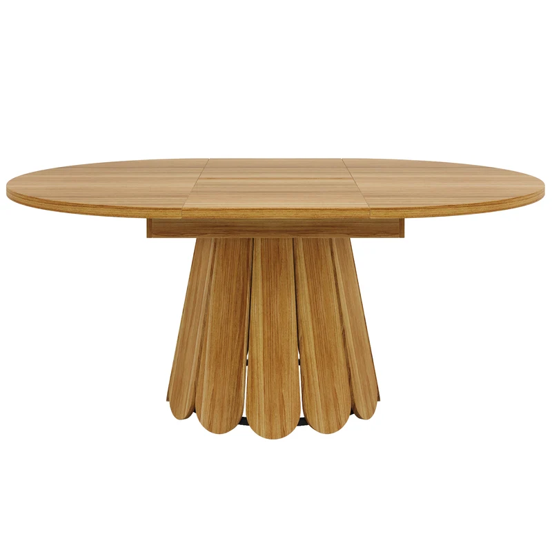 Table de salle à manger extensible ronde effet bois piétement tulipe à lattes KRAFTA