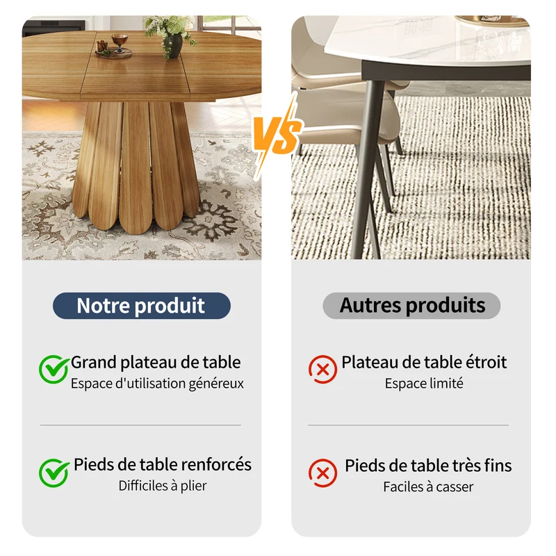 Table de salle à manger extensible ronde effet bois piétement tulipe à lattes KRAFTA