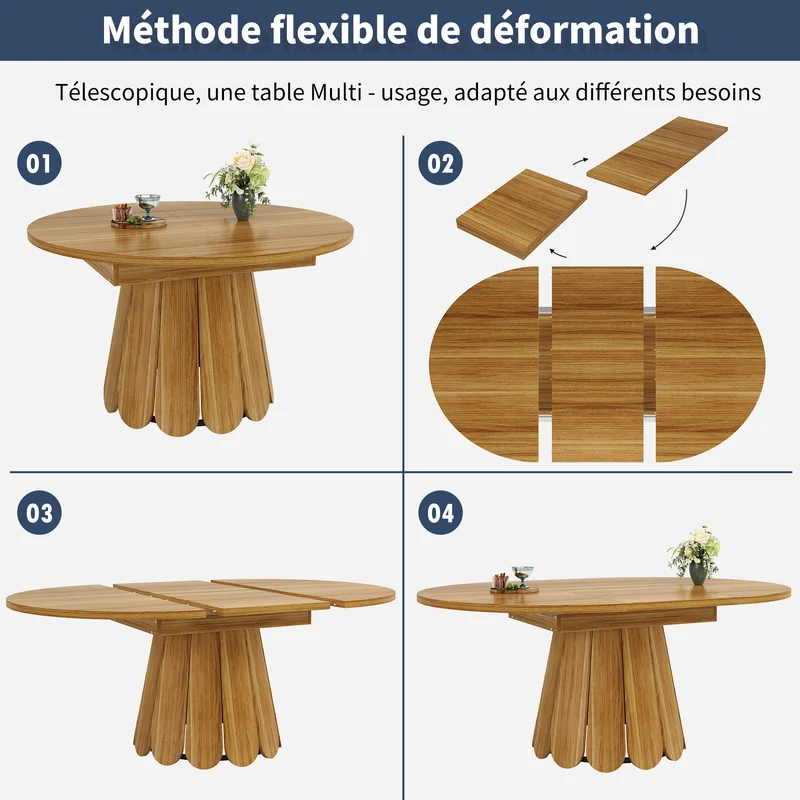 Table de salle à manger extensible ronde effet bois piétement tulipe à lattes KRAFTA