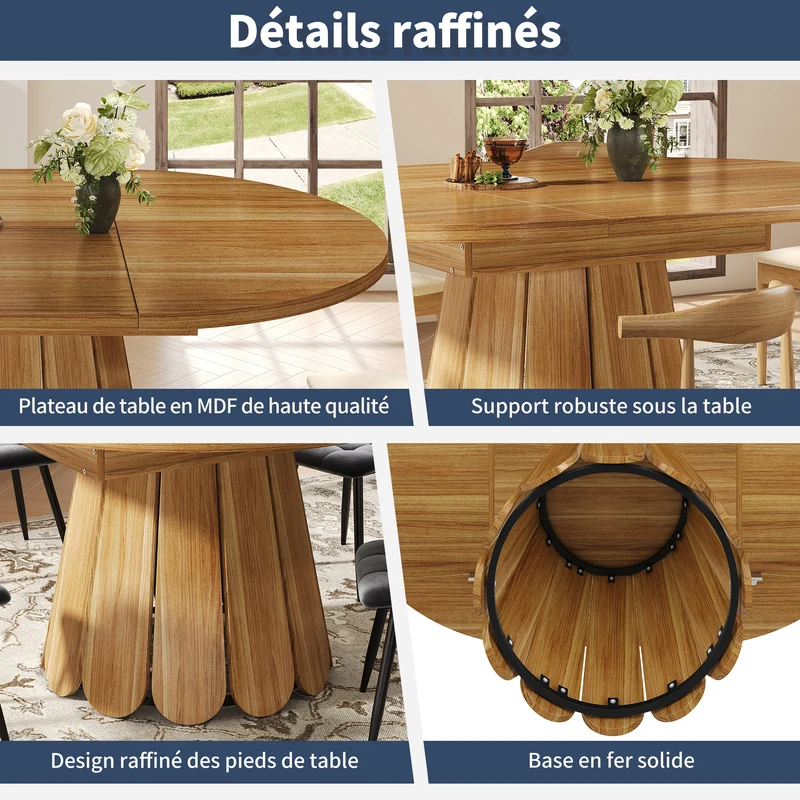 Table de salle à manger extensible ronde effet bois piétement tulipe à lattes KRAFTA