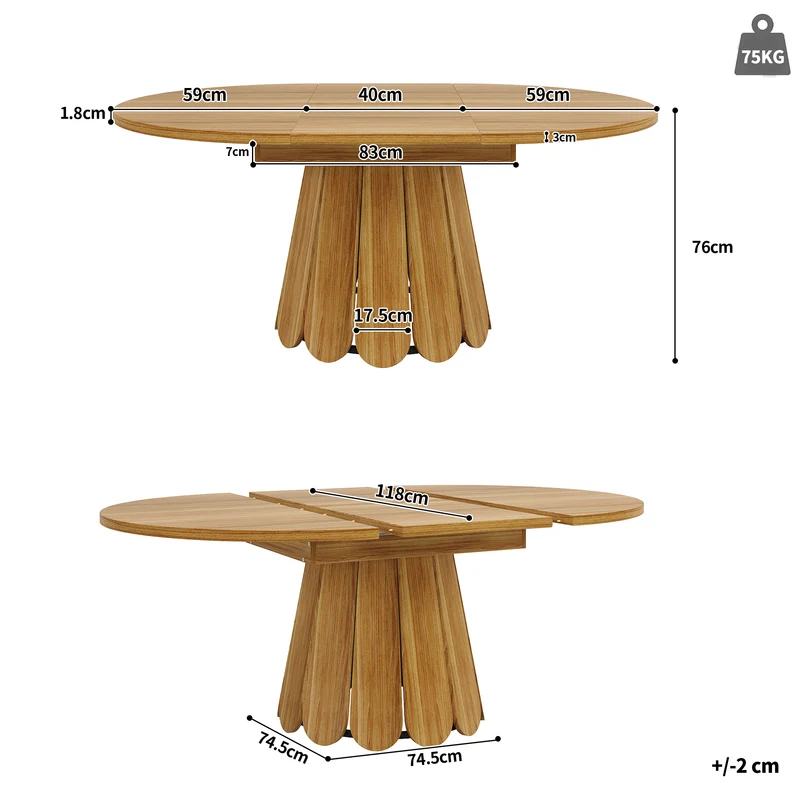 Table de salle à manger extensible ronde effet bois piétement tulipe à lattes KRAFTA