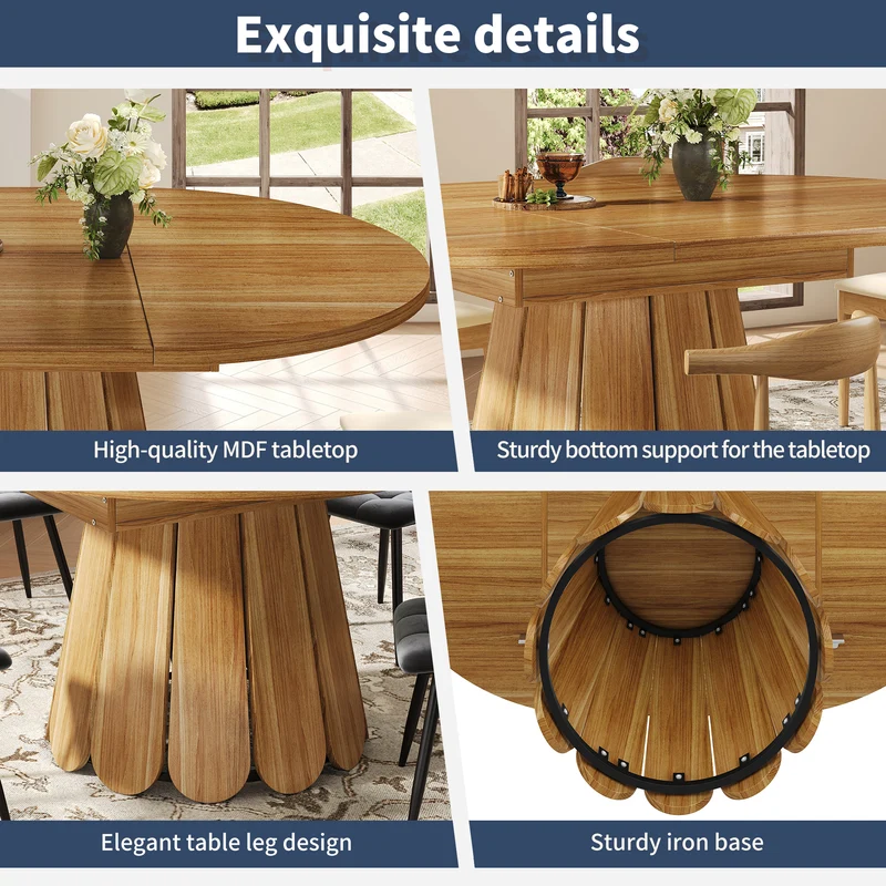 Table de salle à manger extensible ronde effet bois piétement tulipe à lattes KRAFTA