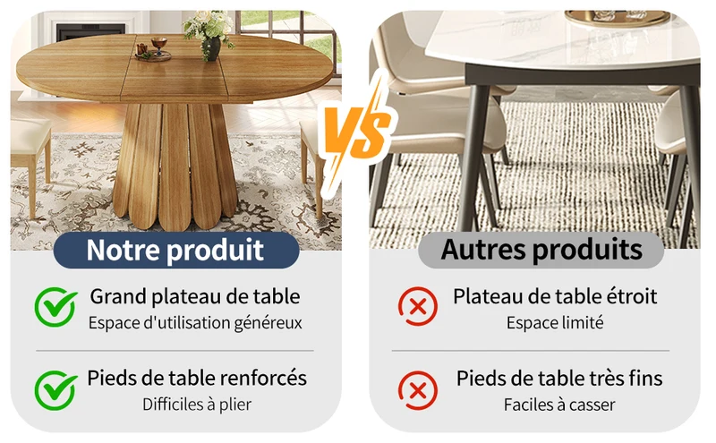 Table de salle à manger extensible ronde effet bois piétement tulipe à lattes KRAFTA