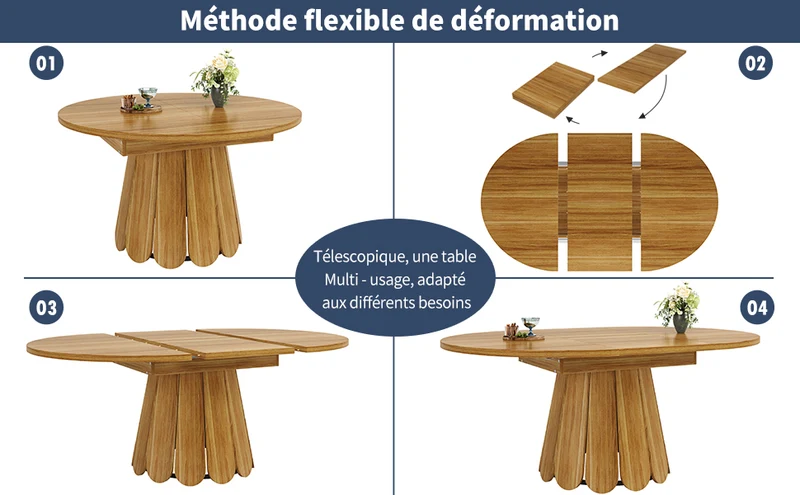 Table de salle à manger extensible ronde effet bois piétement tulipe à lattes KRAFTA