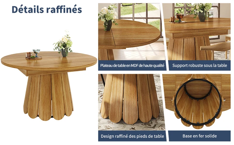 Table de salle à manger extensible ronde effet bois piétement tulipe à lattes KRAFTA