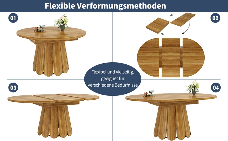 Table de salle à manger extensible ronde effet bois piétement tulipe à lattes KRAFTA