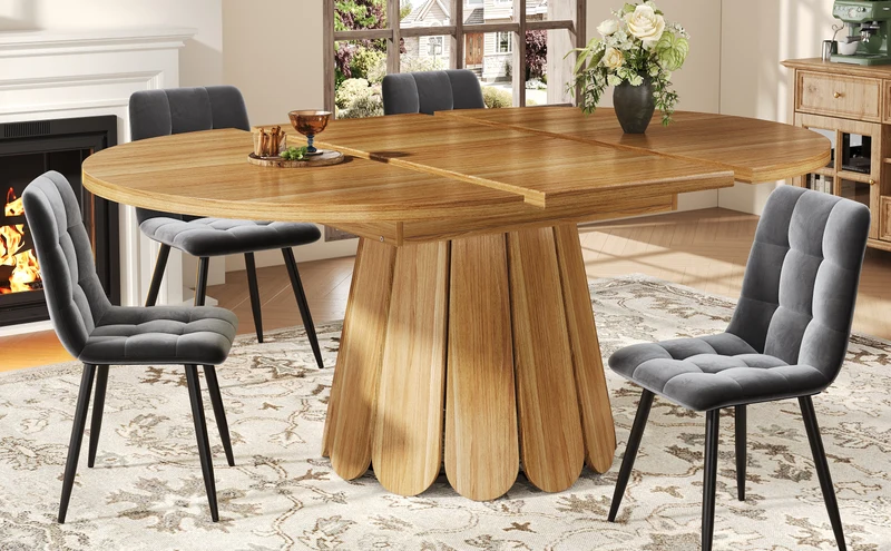 Table de salle à manger extensible ronde effet bois piétement tulipe à lattes KRAFTA
