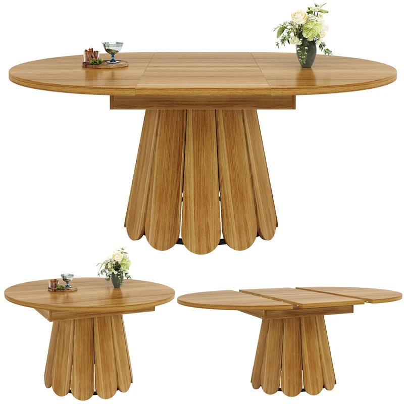 Table de salle à manger extensible ronde effet bois piétement tulipe à lattes KRAFTA