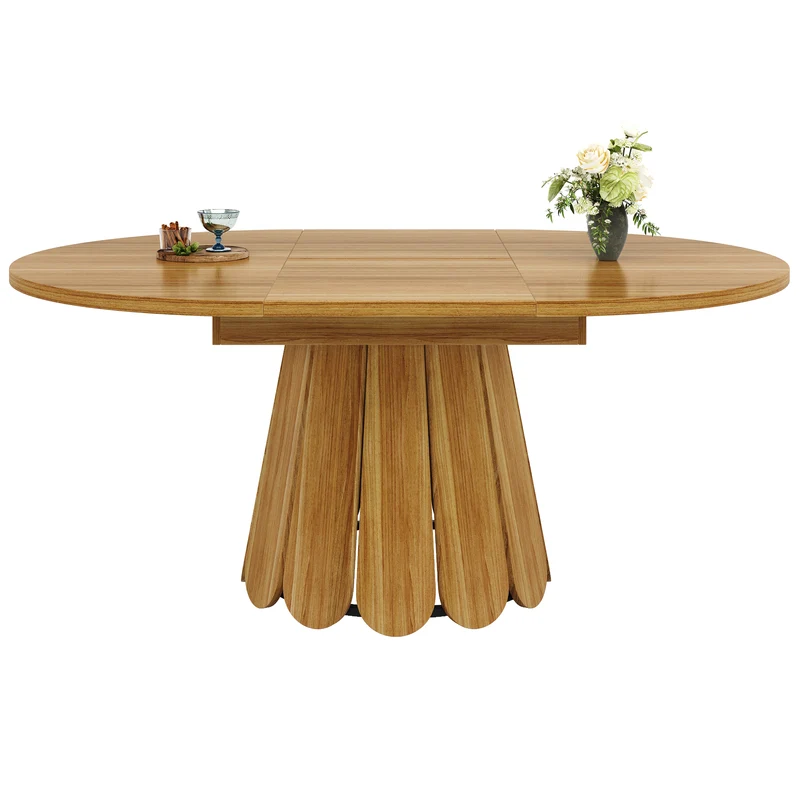 Table de salle à manger extensible ronde effet bois piétement tulipe à lattes KRAFTA