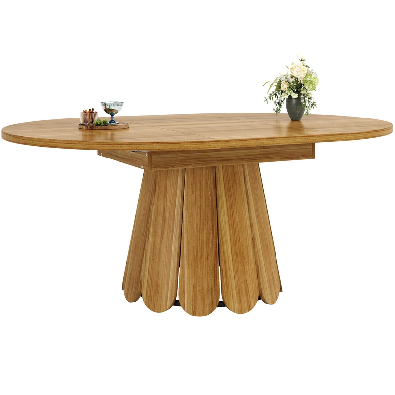 Table de salle à manger extensible ronde effet bois piétement tulipe à lattes KRAFTA