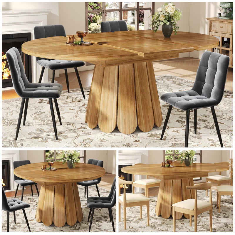 Table de salle à manger extensible ronde effet bois piétement tulipe à lattes KRAFTA