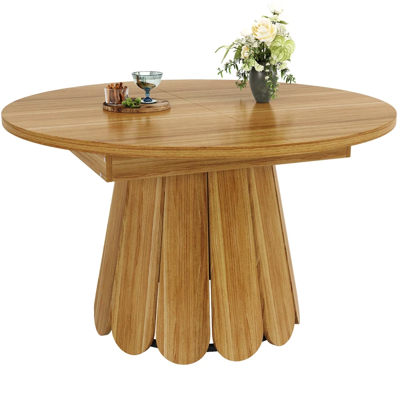 Table de salle à manger extensible ronde effet bois piétement tulipe à lattes KRAFTA