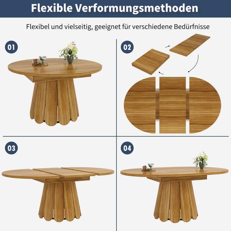 Table de salle à manger extensible ronde effet bois piétement tulipe à lattes KRAFTA