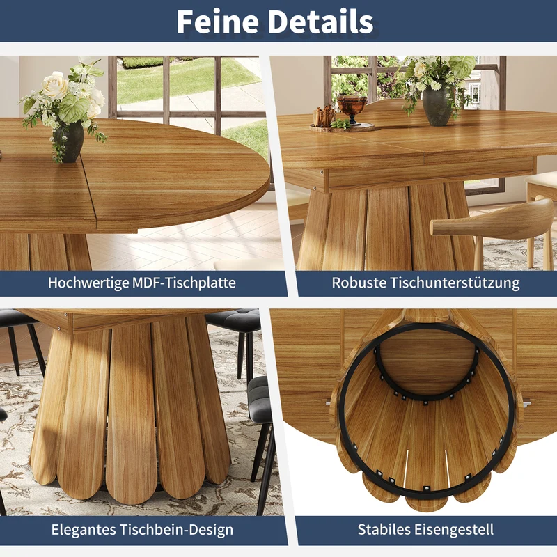 Table de salle à manger extensible ronde effet bois piétement tulipe à lattes KRAFTA