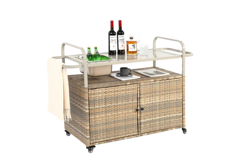 Chariot de table d’extérieur en rotin beige avec plateau acier, roulettes verrouillables, seau à glace COBALTIS