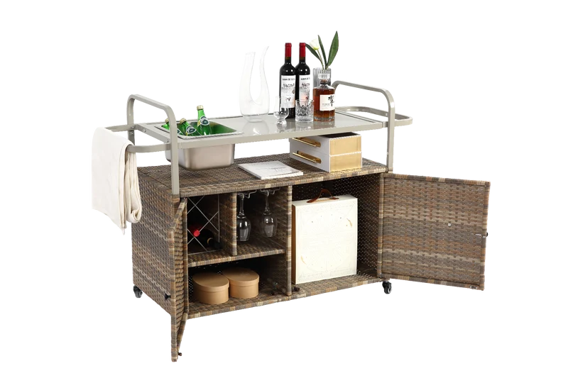 Chariot de table d’extérieur en rotin beige avec plateau acier, roulettes verrouillables, seau à glace COBALTIS