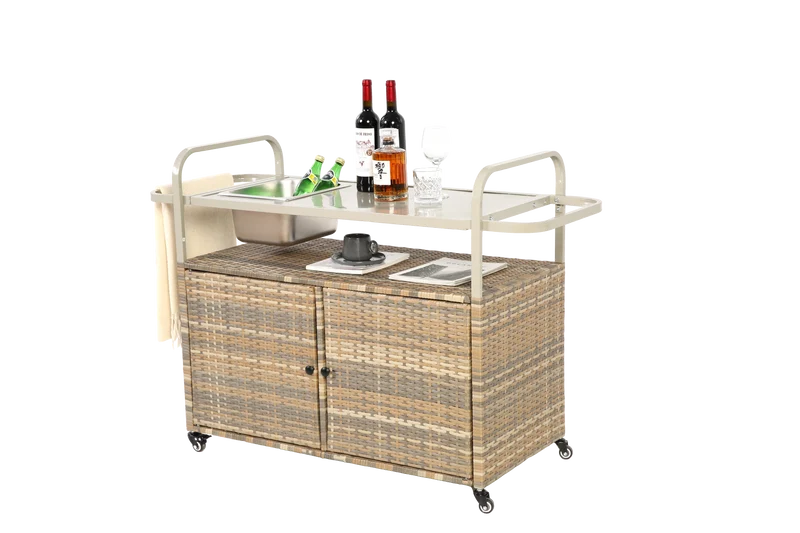 Chariot de table d’extérieur en rotin beige avec plateau acier, roulettes verrouillables, seau à glace COBALTIS