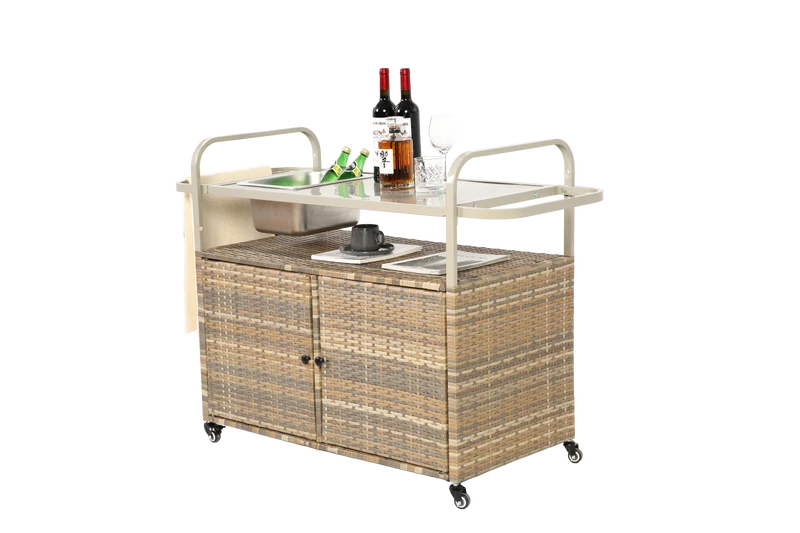 Chariot de table d’extérieur en rotin beige avec plateau acier, roulettes verrouillables, seau à glace COBALTIS
