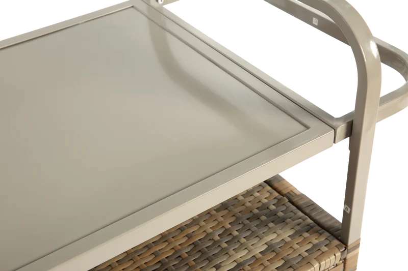 Chariot de table d’extérieur en rotin beige avec plateau acier, roulettes verrouillables, seau à glace COBALTIS