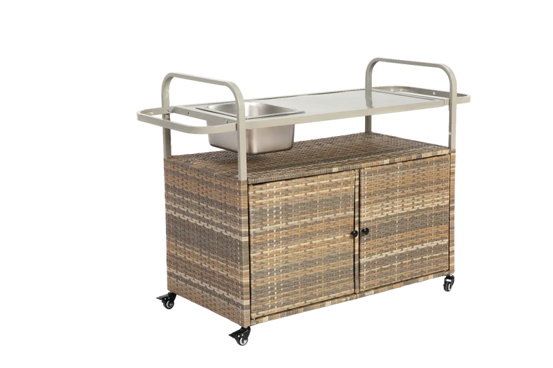 Chariot de table d’extérieur en rotin beige avec plateau acier, roulettes verrouillables, seau à glace COBALTIS