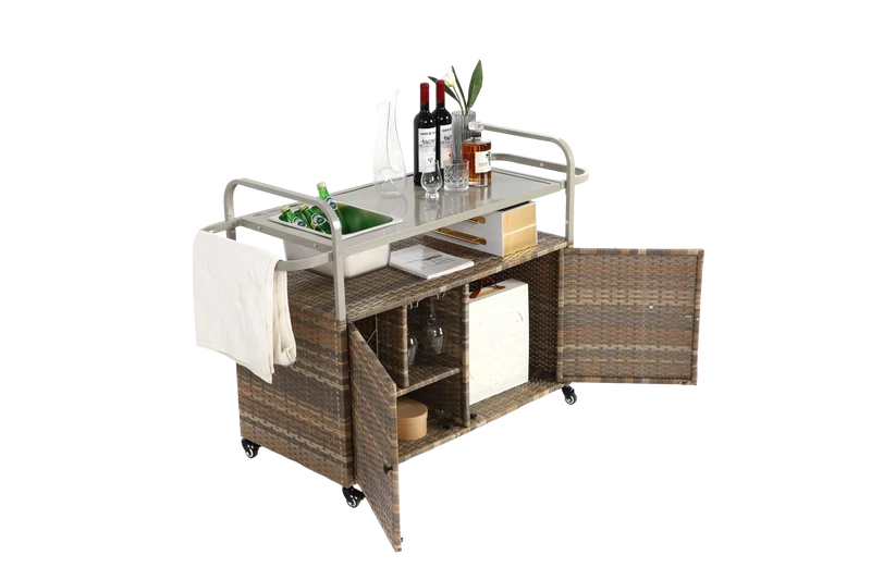 Chariot de table d’extérieur en rotin beige avec plateau acier, roulettes verrouillables, seau à glace COBALTIS