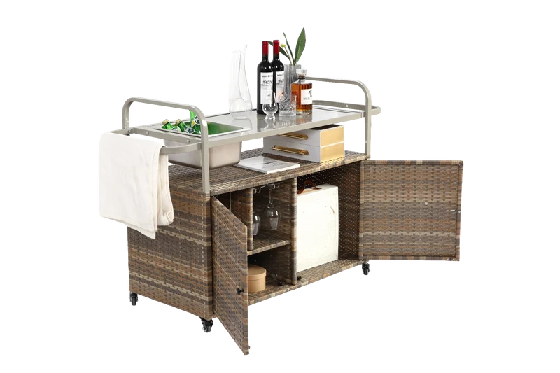 Chariot de table d’extérieur en rotin beige avec plateau acier, roulettes verrouillables, seau à glace COBALTIS