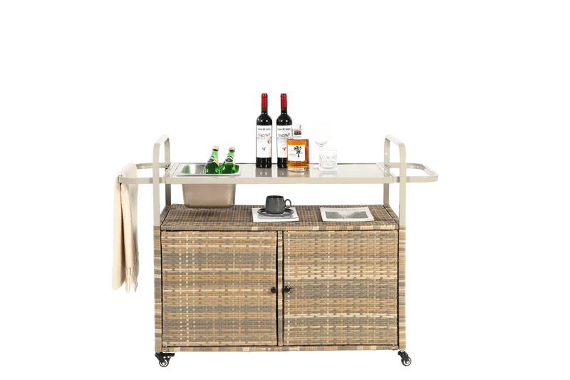 Chariot de table d’extérieur en rotin beige avec plateau acier, roulettes verrouillables, seau à glace COBALTIS