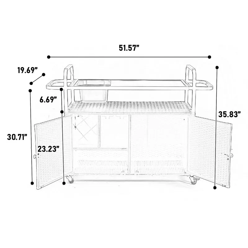 Chariot de table d’extérieur en rotin beige avec plateau acier, roulettes verrouillables, seau à glace COBALTIS