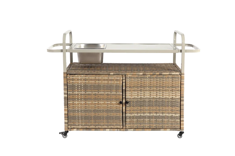 Chariot de table d’extérieur en rotin beige avec plateau acier, roulettes verrouillables, seau à glace COBALTIS