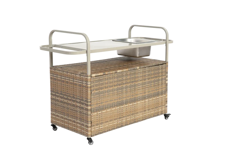 Chariot de table d’extérieur en rotin beige avec plateau acier, roulettes verrouillables, seau à glace COBALTIS