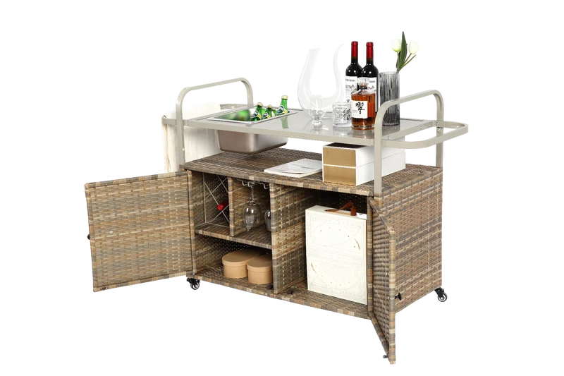 Chariot de table d’extérieur en rotin beige avec plateau acier, roulettes verrouillables, seau à glace COBALTIS